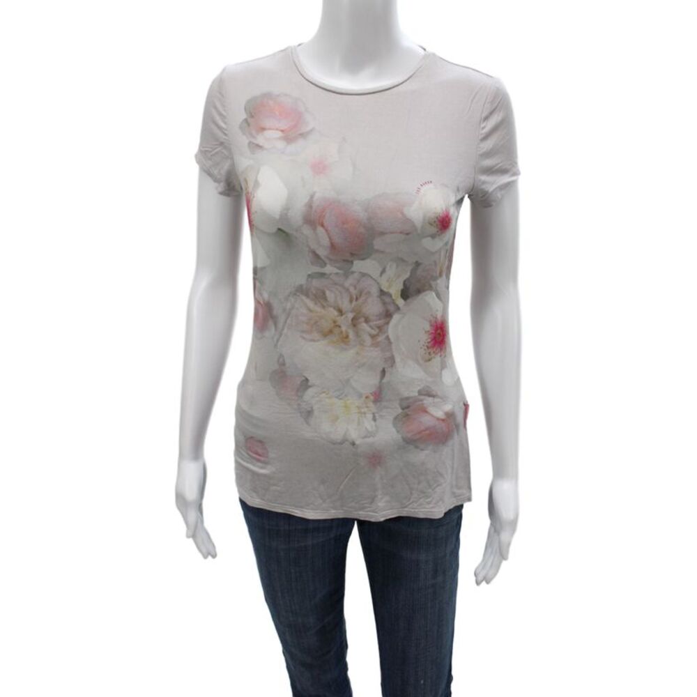 Ted Baker London Women Gray Floral Jersey T-Shirt Crew Neck Short Sleeve Size 1
